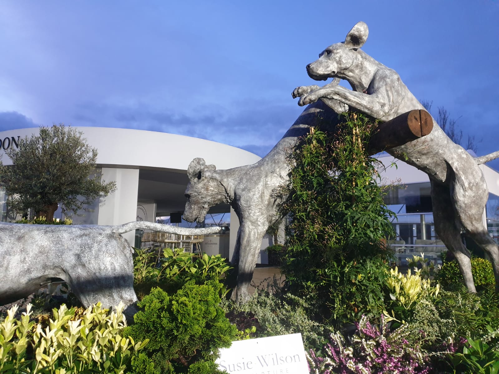 planted statue of leaping dogs