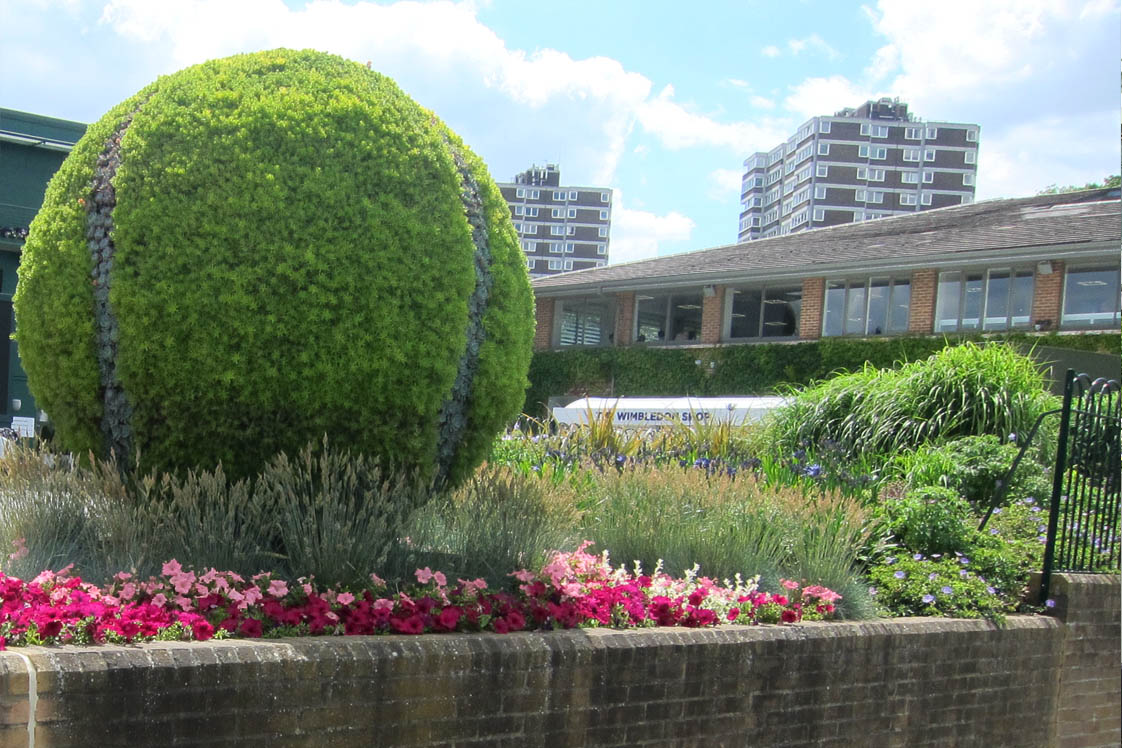 large feature tennis ball made of green foliage and planting